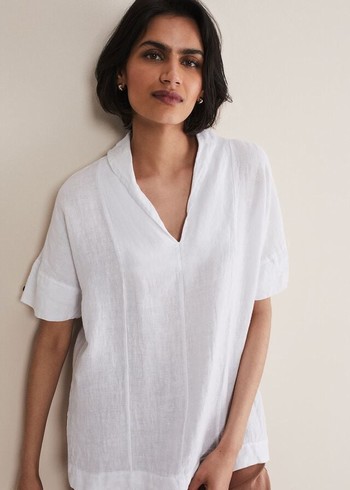 Phase Eight Carita V-Neck Linen Shirts White Canada | FNYATZ-560